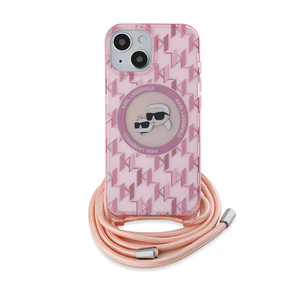 MagSafe-deksel for Apple iPhone 15, Karl Lagerfeld, IML Crossbody Monogram Karl & Choupette's Heads, Rosa