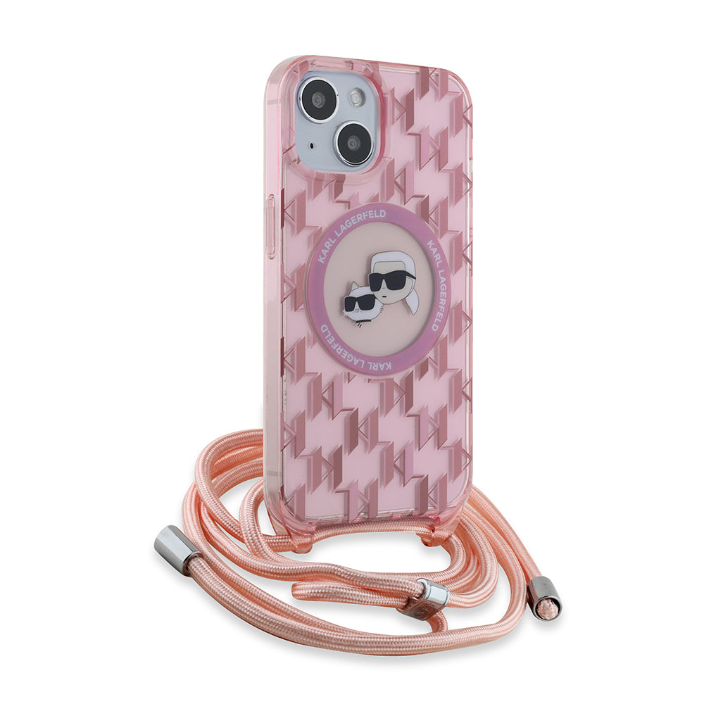 MagSafe-deksel for Apple iPhone 15, Karl Lagerfeld, IML Crossbody Monogram Karl & Choupette's Heads, Rosa