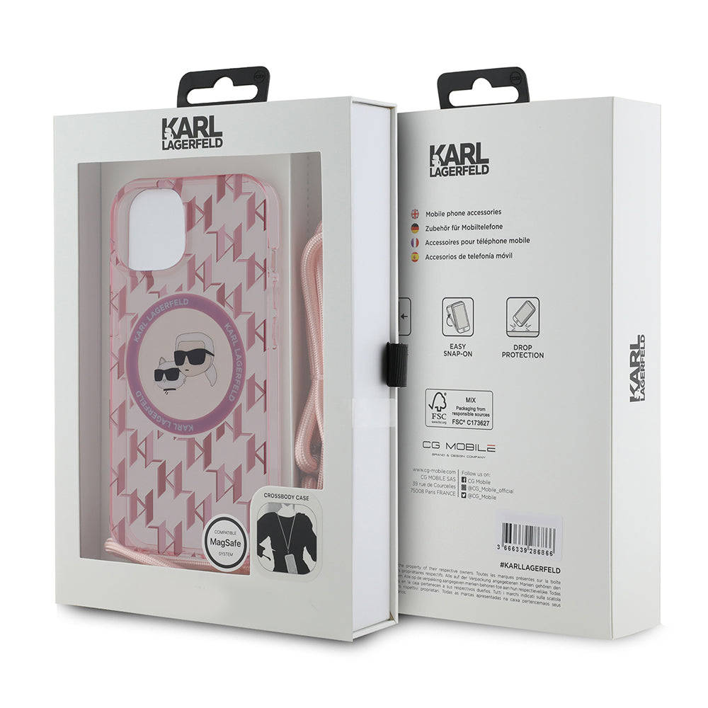MagSafe-deksel for Apple iPhone 15, Karl Lagerfeld, IML Crossbody Monogram Karl & Choupette's Heads, Rosa