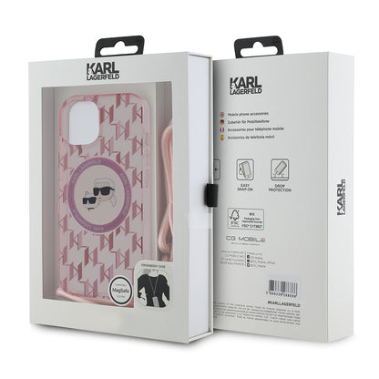 MagSafe-deksel for Apple iPhone 15, Karl Lagerfeld, IML Crossbody Monogram Karl & Choupette's Heads, Rosa