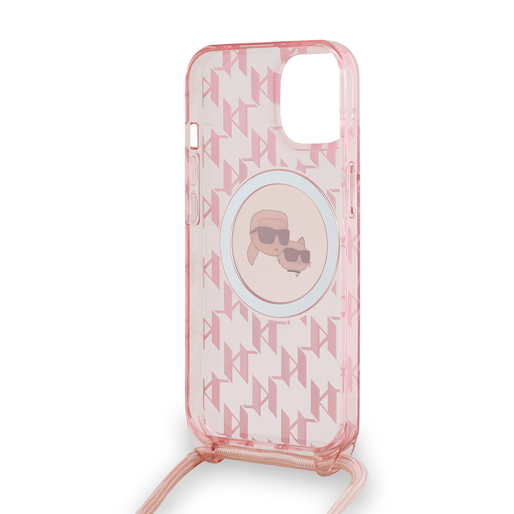 MagSafe-deksel for Apple iPhone 15, Karl Lagerfeld, IML Crossbody Monogram Karl & Choupette's Heads, Rosa