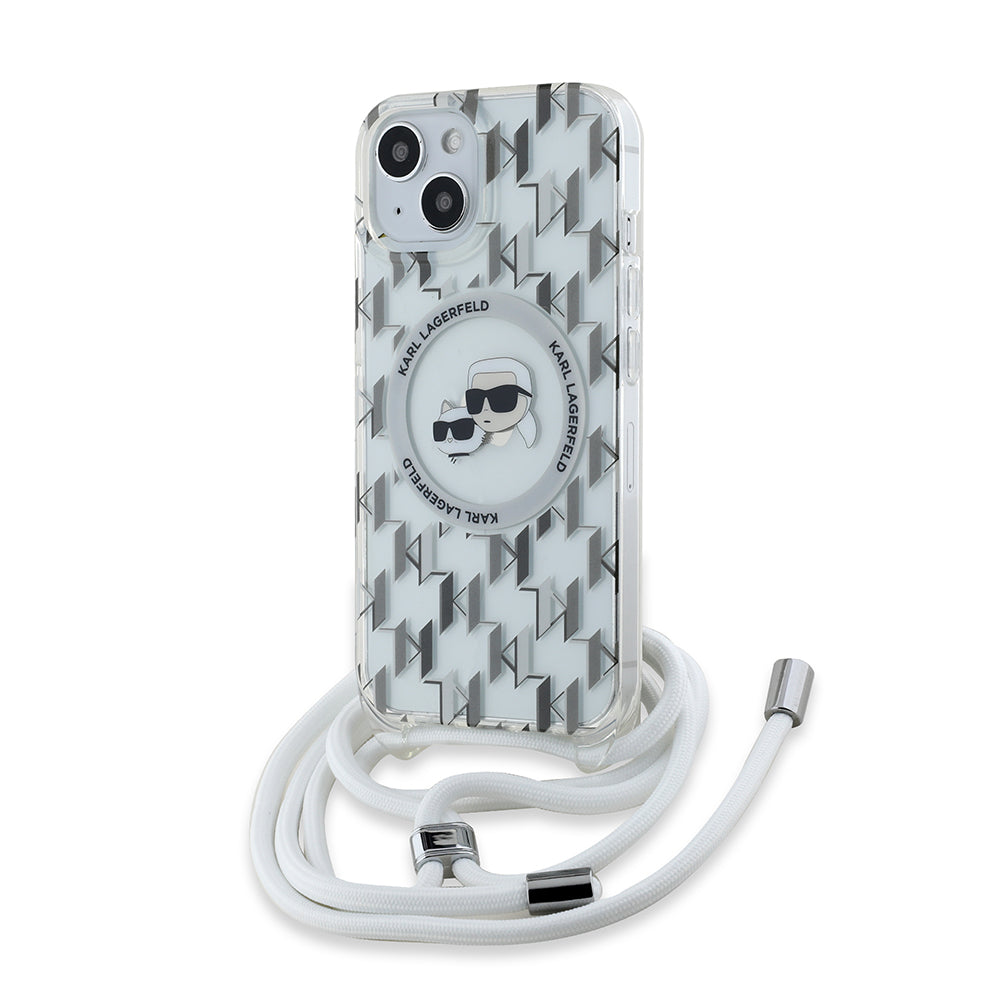 MagSafe deksel for Apple iPhone 15, Karl Lagerfeld, IML Crossbody Monogram Karl & Choupette's Heads, Gjennomsiktig