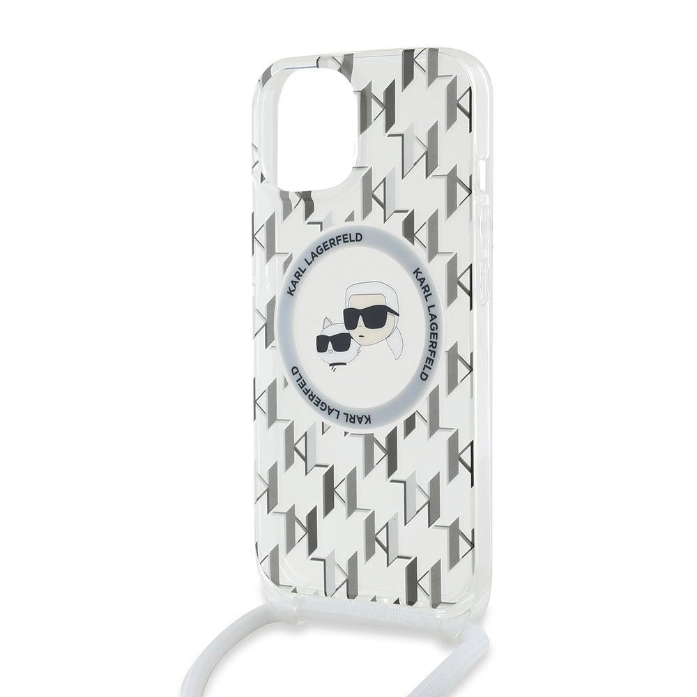 MagSafe deksel for Apple iPhone 15, Karl Lagerfeld, IML Crossbody Monogram Karl & Choupette's Heads, Gjennomsiktig