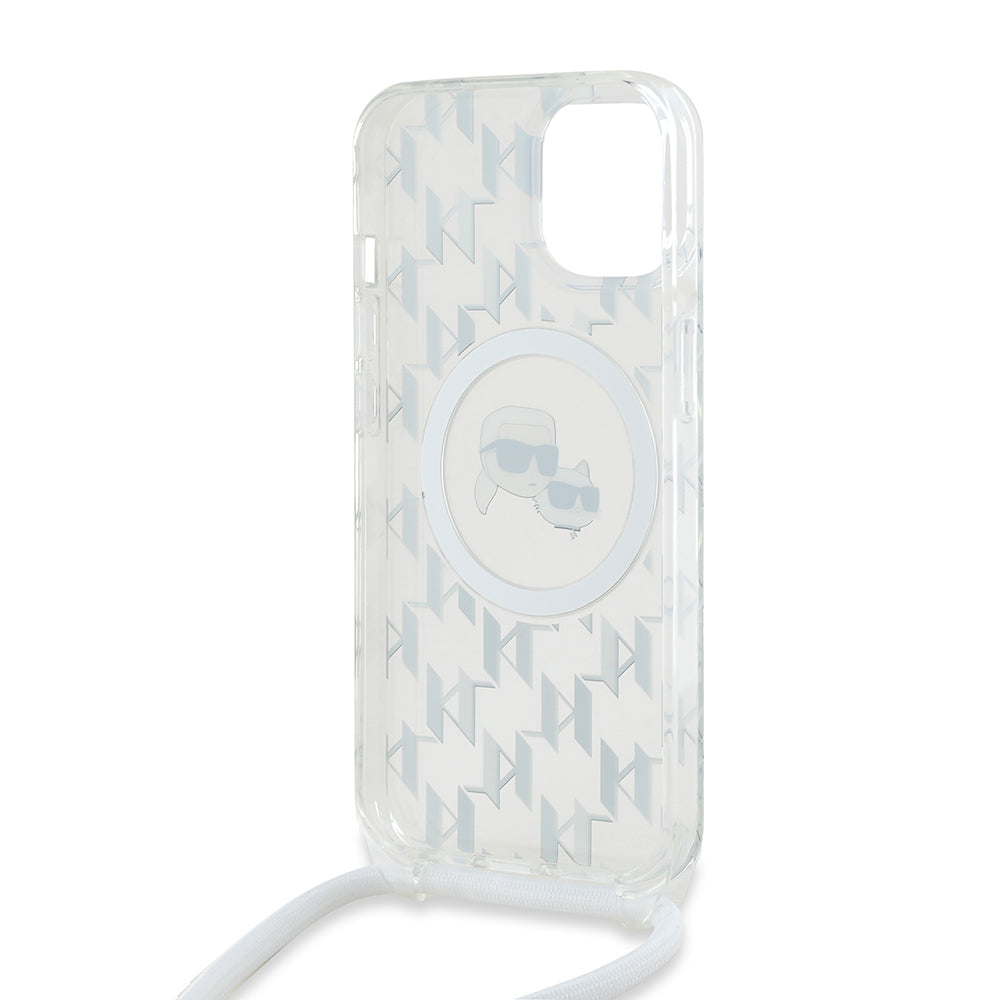 MagSafe deksel for Apple iPhone 15, Karl Lagerfeld, IML Crossbody Monogram Karl & Choupette's Heads, Gjennomsiktig