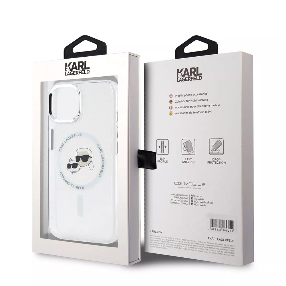 MagSafe-deksel for Apple iPhone 15, Karl Lagerfeld, IML Metal Karl & Choupette's Heads, Hvit
