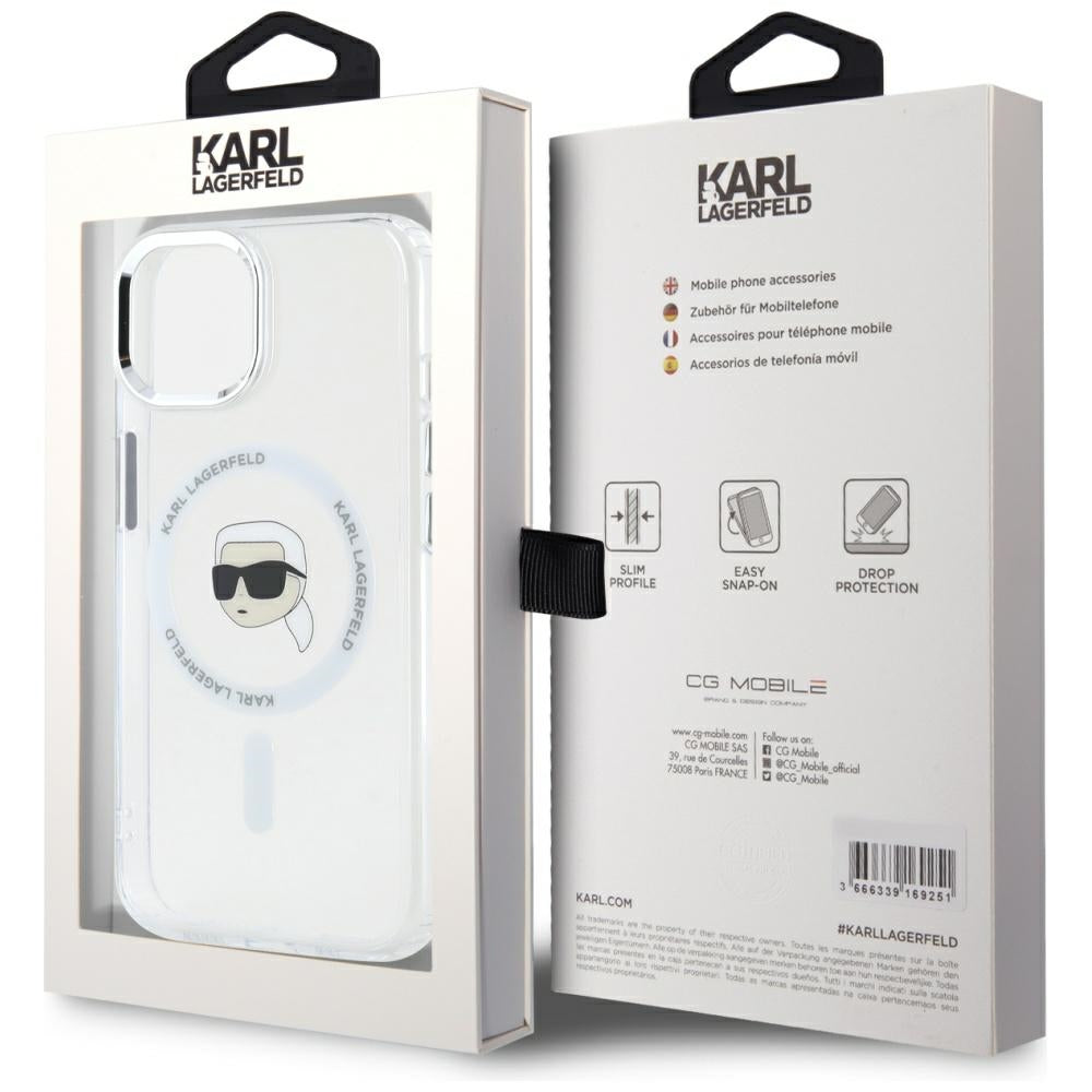 MagSafe-deksel for Apple iPhone 15, Karl Lagerfeld, IML Metal Karl's Head, Hvit