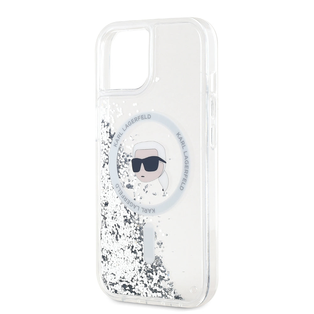 MagSafe-deksel for Apple iPhone 15, Karl Lagerfeld, Liquid Glitter Karl's Head, Gjennomsiktig