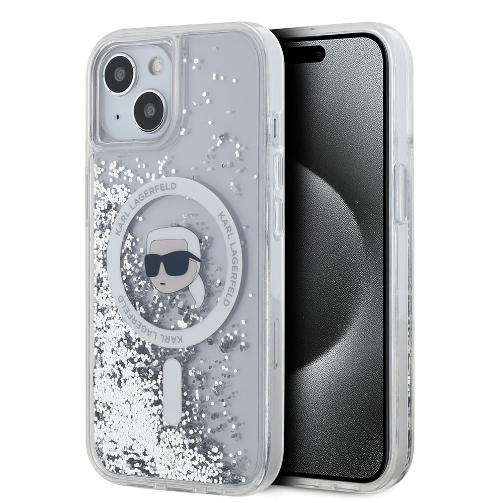 MagSafe-deksel for Apple iPhone 15, Karl Lagerfeld, Liquid Glitter Karl's Head, Gjennomsiktig