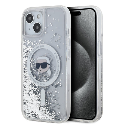 MagSafe-deksel for Apple iPhone 15, Karl Lagerfeld, Liquid Glitter Karl's Head, Gjennomsiktig