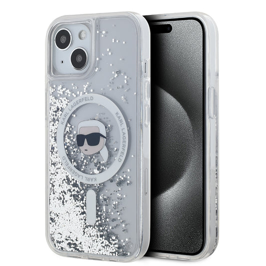 MagSafe-deksel for Apple iPhone 15, Karl Lagerfeld, Liquid Glitter Karl's Head, Gjennomsiktig