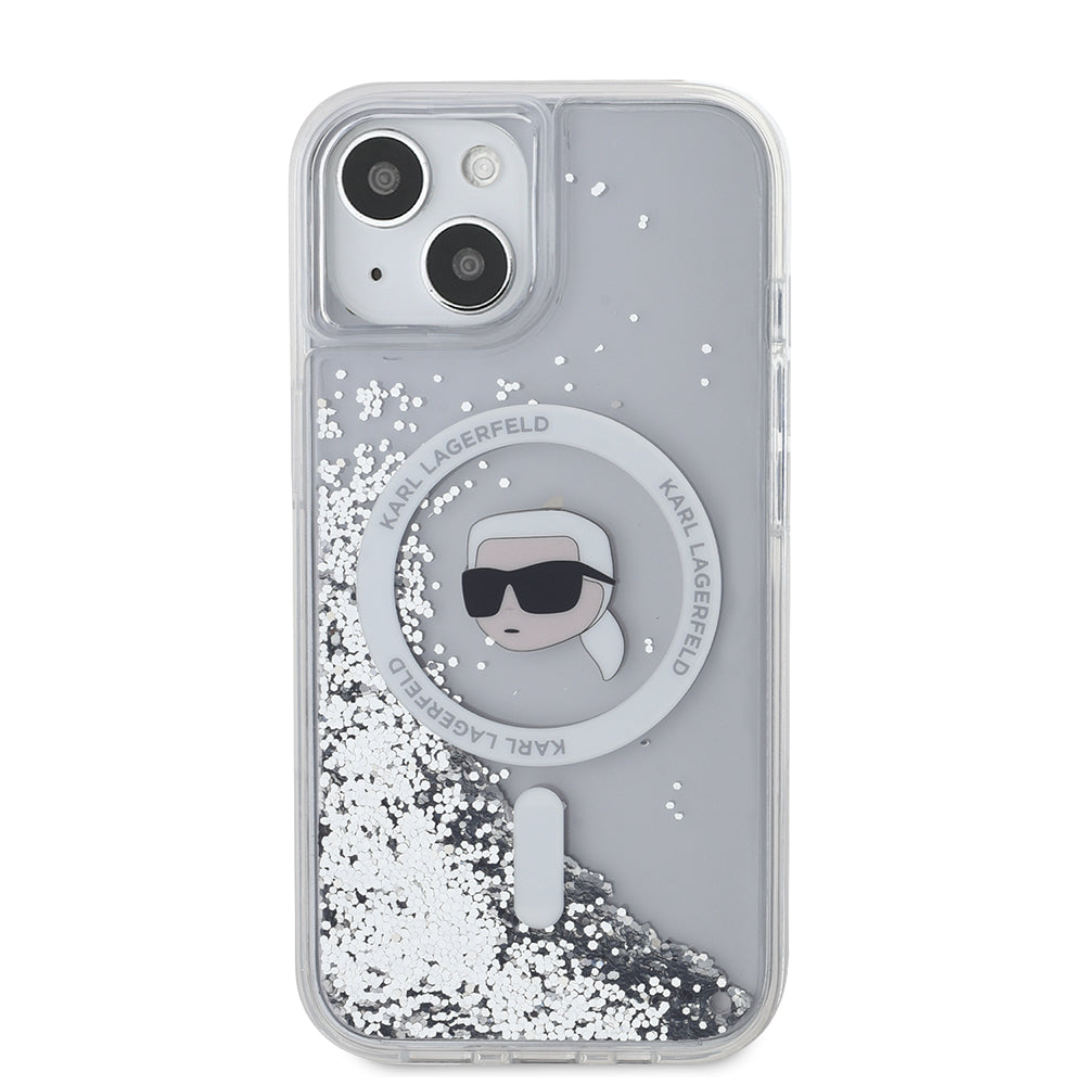 MagSafe-deksel for Apple iPhone 15, Karl Lagerfeld, Liquid Glitter Karl's Head, Gjennomsiktig