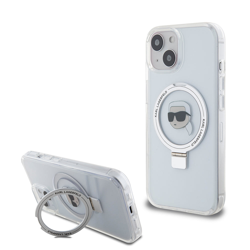 MagSafe-deksel for Apple iPhone 15, Karl Lagerfeld, Ring Stand Karl's Head, Hvit