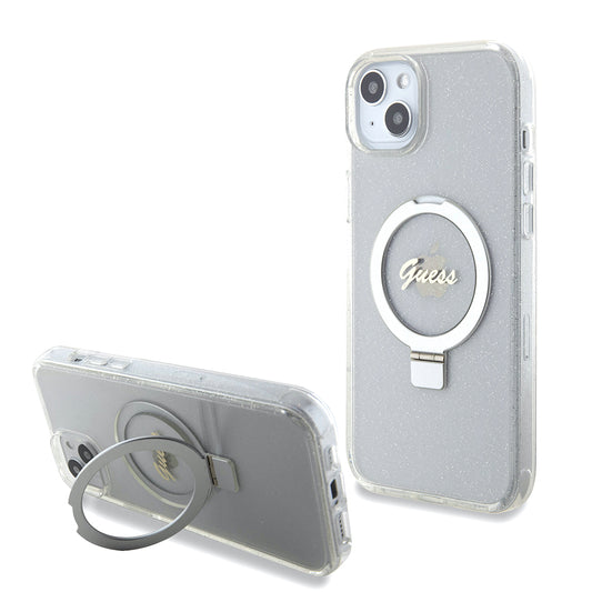 MagSafe deksel for Apple iPhone 15 Plus, Guess, Ring Stand Script Glitter, Gjennomsiktig