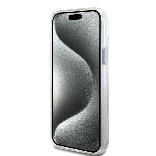 MagSafe deksel for Apple iPhone 15 Plus, Guess, Ring Stand Script Glitter, Gjennomsiktig