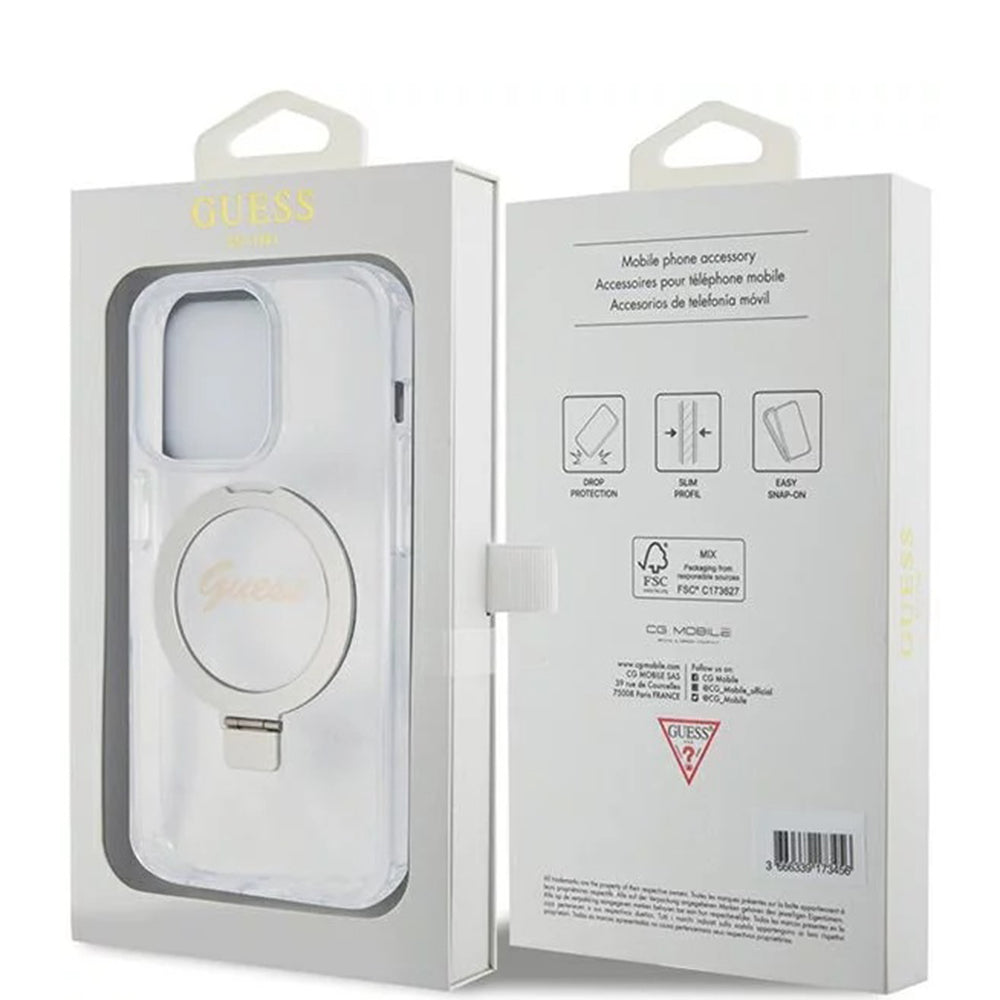 MagSafe deksel for Apple iPhone 15 Pro, Guess, IML Ring Stand Glitter, Gjennomsiktig