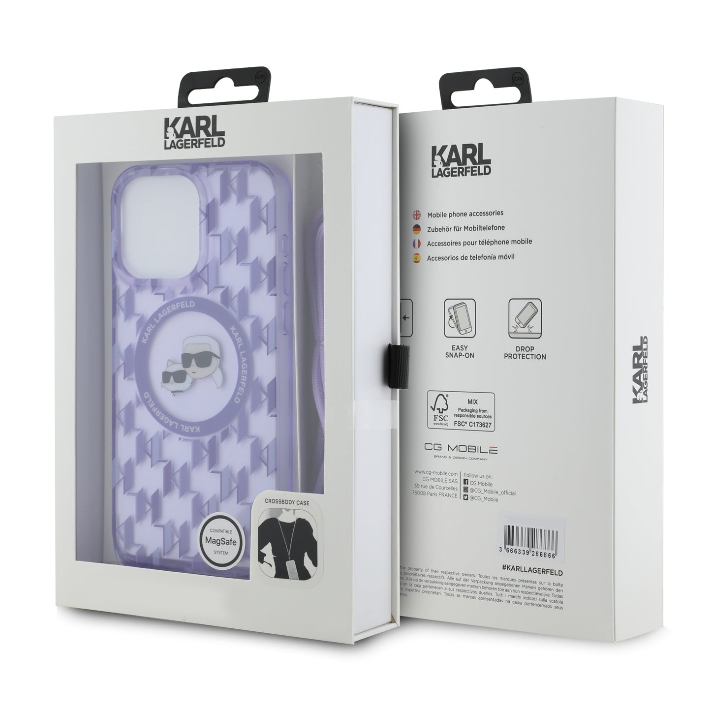 MagSafe-deksel for Apple iPhone 15 Pro, Karl Lagerfeld, IML Crossbody Monogram Karl & Choupette's Heads, Lilla