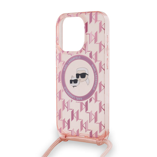 MagSafe-deksel for Apple iPhone 15 Pro, Karl Lagerfeld, IML Crossbody Monogram Karl & Choupette's Heads, Rosa