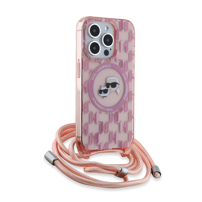 MagSafe-deksel for Apple iPhone 15 Pro, Karl Lagerfeld, IML Crossbody Monogram Karl & Choupette's Heads, Rosa