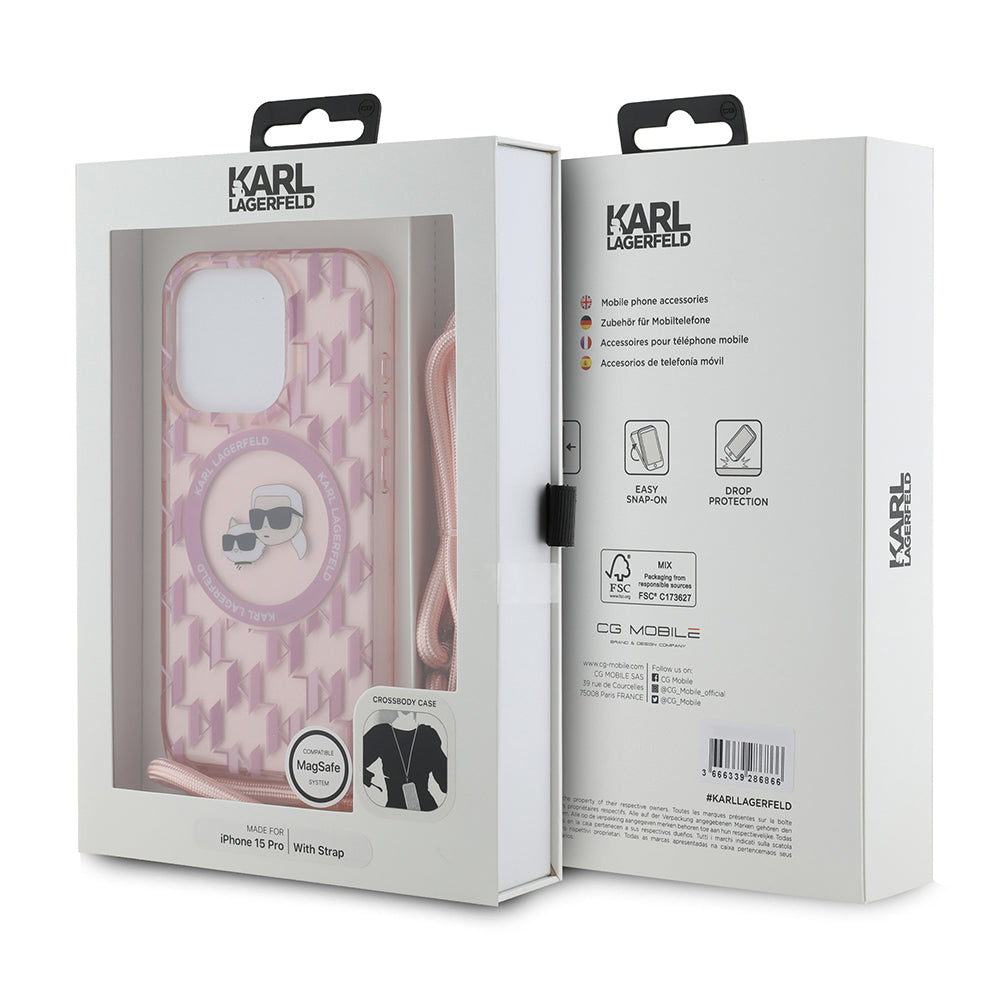 MagSafe-deksel for Apple iPhone 15 Pro, Karl Lagerfeld, IML Crossbody Monogram Karl & Choupette's Heads, Rosa