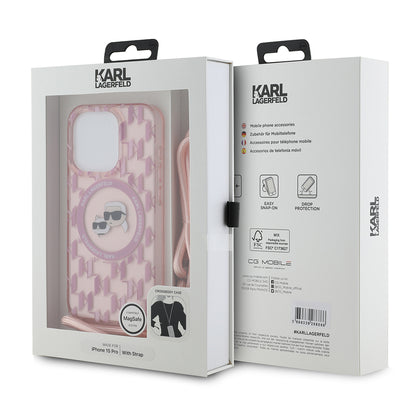 MagSafe-deksel for Apple iPhone 15 Pro, Karl Lagerfeld, IML Crossbody Monogram Karl & Choupette's Heads, Rosa