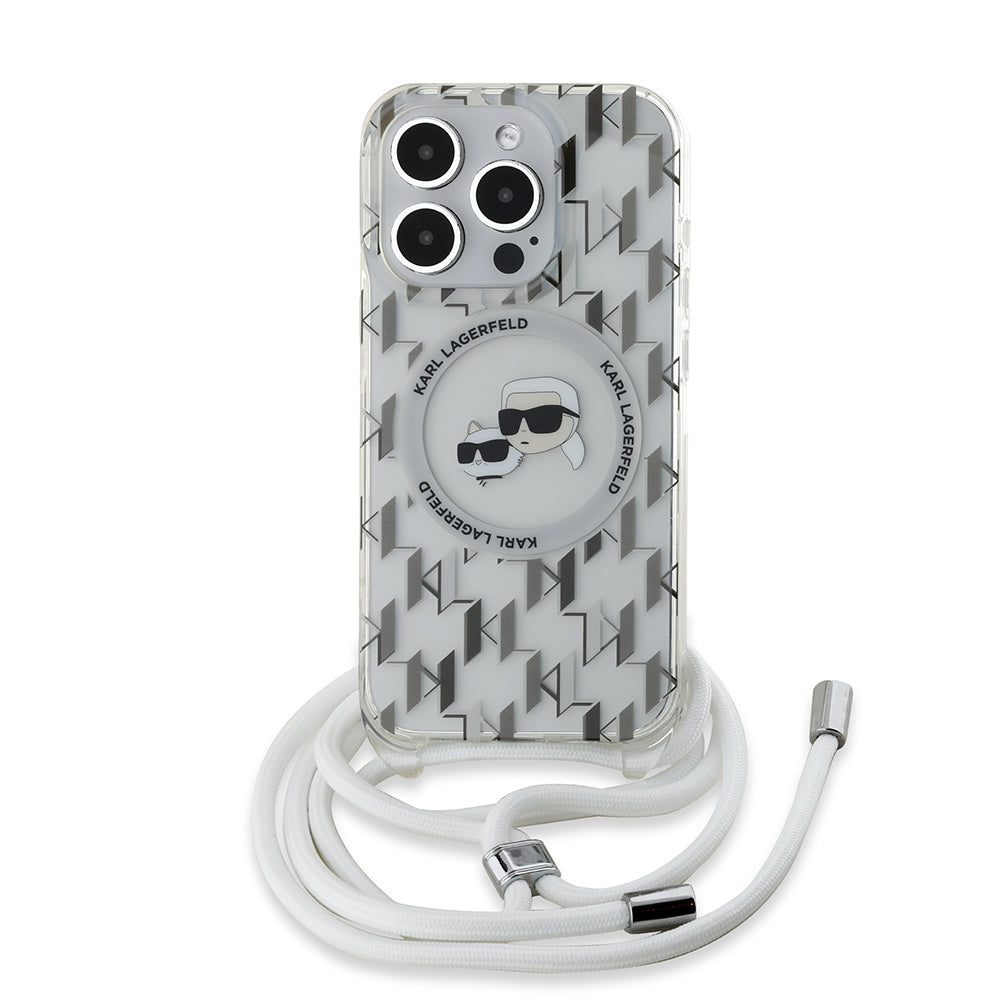 MagSafe-deksel for Apple iPhone 15 Pro, Karl Lagerfeld, IML Crossbody Monogram Karl & Choupette's Heads, Gjennomsiktig