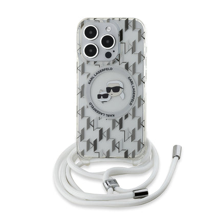 MagSafe-deksel for Apple iPhone 15 Pro, Karl Lagerfeld, IML Crossbody Monogram Karl & Choupette's Heads, Gjennomsiktig