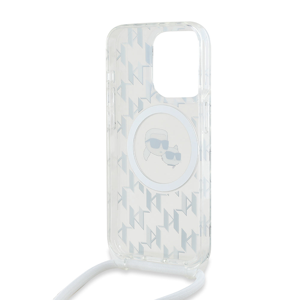 MagSafe-deksel for Apple iPhone 15 Pro, Karl Lagerfeld, IML Crossbody Monogram Karl & Choupette's Heads, Gjennomsiktig
