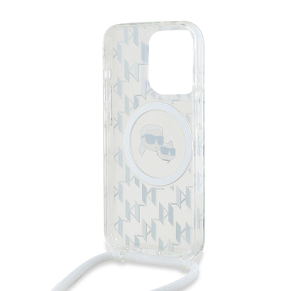 MagSafe-deksel for Apple iPhone 15 Pro, Karl Lagerfeld, IML Crossbody Monogram Karl & Choupette's Heads, Gjennomsiktig