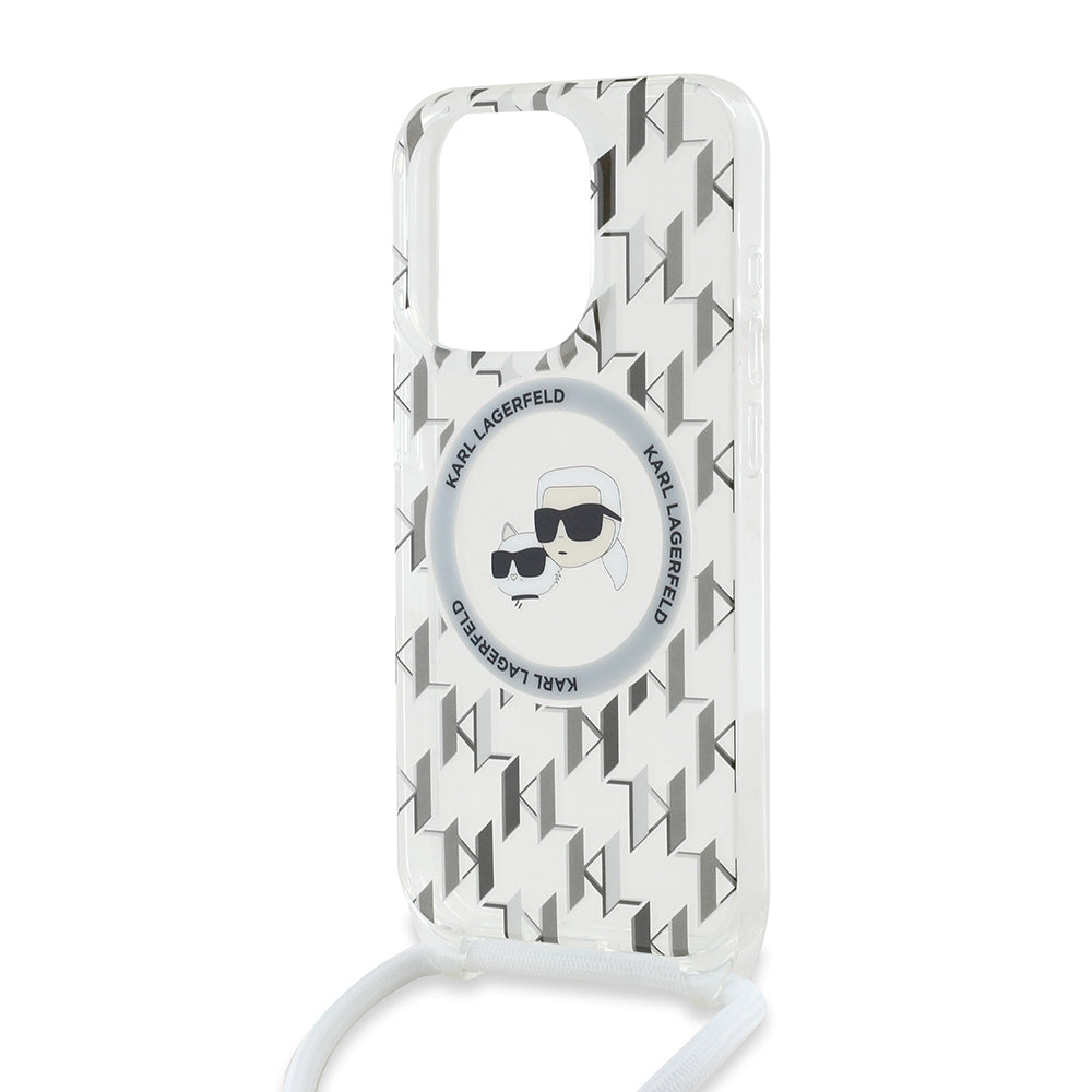 MagSafe-deksel for Apple iPhone 15 Pro, Karl Lagerfeld, IML Crossbody Monogram Karl & Choupette's Heads, Gjennomsiktig