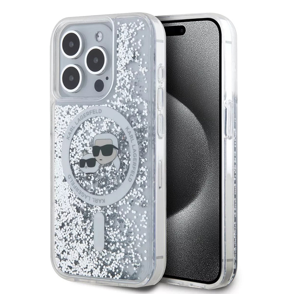MagSafe-deksel for Apple iPhone 15 Pro, Karl Lagerfeld, Liquid Glitter Karl & Choupette's Heads, Gjennomsiktig