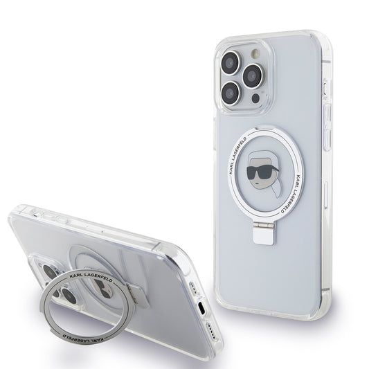 MagSafe-deksel for Apple iPhone 15 Pro, Karl Lagerfeld, Ring Stand Karl's Head, Hvit