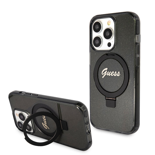 MagSafe deksel for Apple iPhone 15 Pro Max, Guess, IML Ring Stand Glitter, Svart
