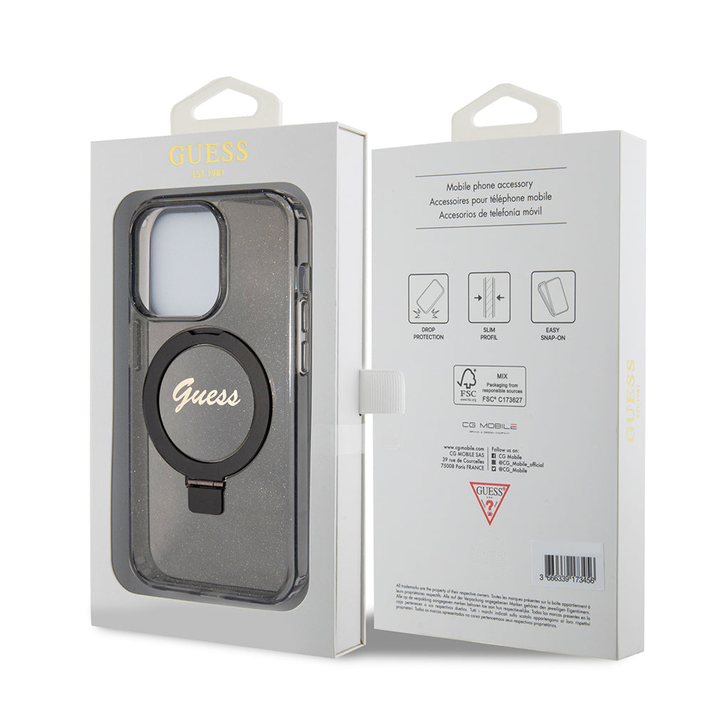 MagSafe deksel for Apple iPhone 15 Pro Max, Guess, IML Ring Stand Glitter, Svart