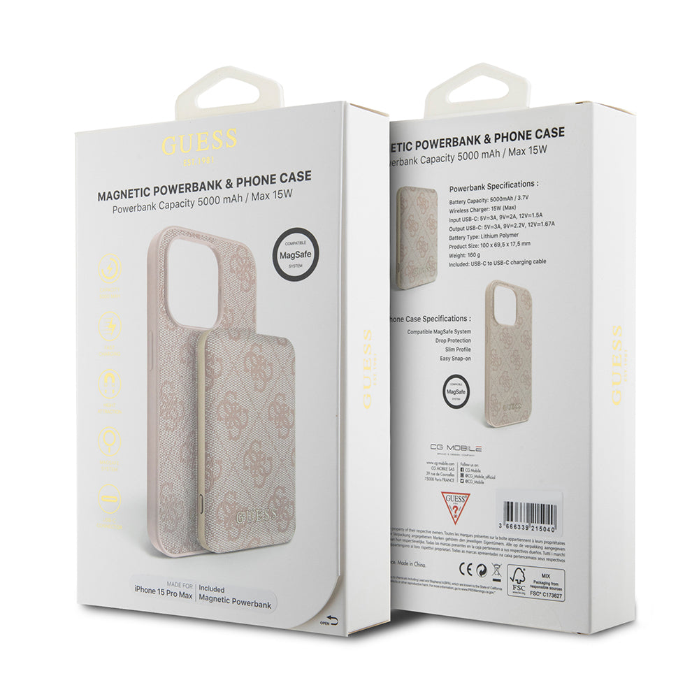 MagSafe-deksel for Apple iPhone 15 Pro Max, Guess, Powerbank 4G Metal Logo, Rosa