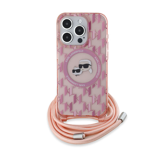 MagSafe-deksel for Apple iPhone 15 Pro Max, Karl Lagerfeld, IML Crossbody Monogram Karl & Choupette's Heads, Rosa