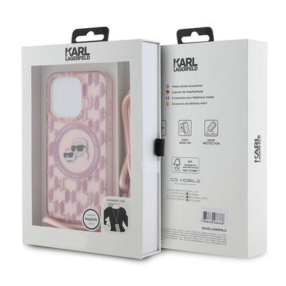 MagSafe-deksel for Apple iPhone 15 Pro Max, Karl Lagerfeld, IML Crossbody Monogram Karl & Choupette's Heads, Rosa