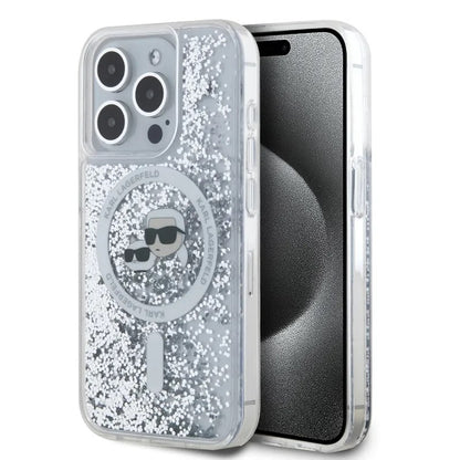 MagSafe-deksel for Apple iPhone 15 Pro Max, Karl Lagerfeld, Liquid Glitter Karl & Choupette's Heads, Gjennomsiktig