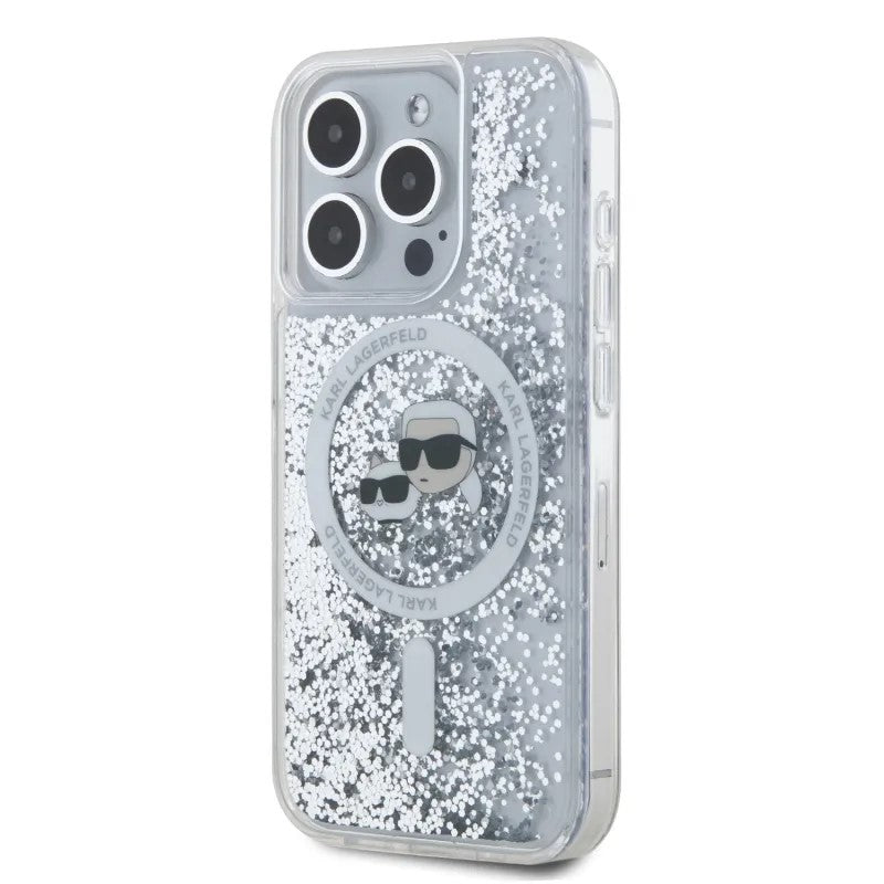 MagSafe-deksel for Apple iPhone 15 Pro Max, Karl Lagerfeld, Liquid Glitter Karl & Choupette's Heads, Gjennomsiktig