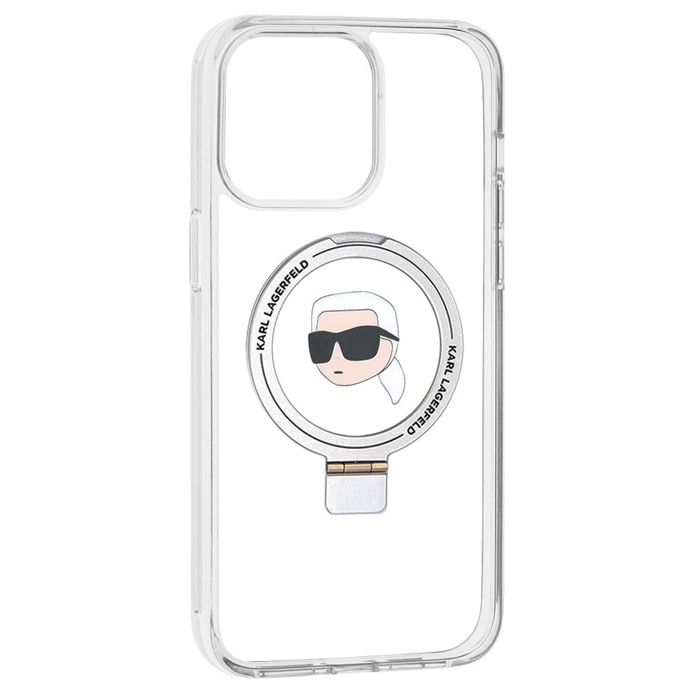MagSafe-deksel for Apple iPhone 15 Pro Max, Karl Lagerfeld, Ring Stand Karl's Head, Hvit