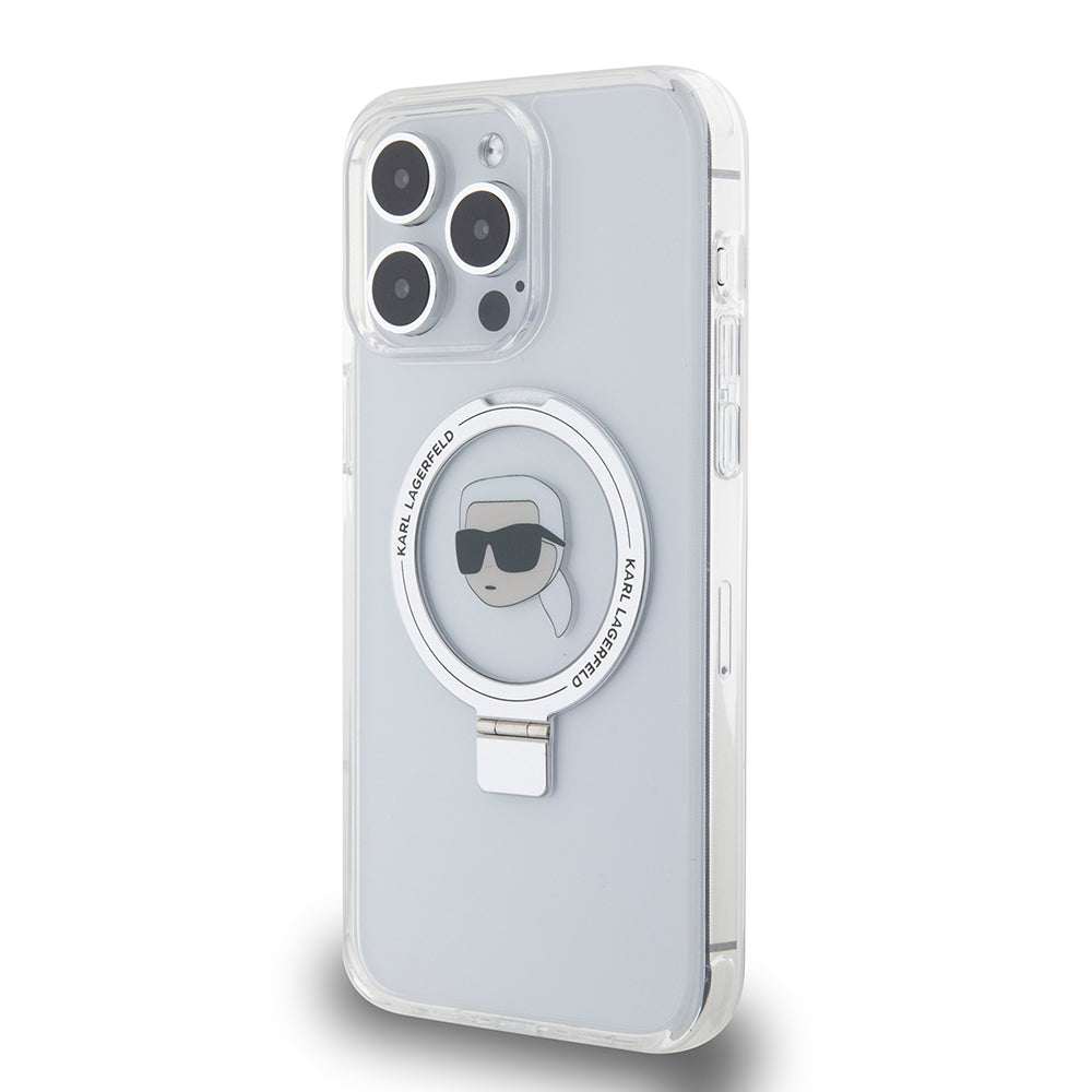 MagSafe-deksel for Apple iPhone 15 Pro Max, Karl Lagerfeld, Ring Stand Karl's Head, Hvit