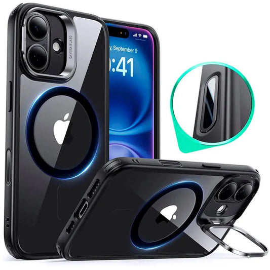 MagSafe-deksel for Apple iPhone 16, ESR, Classic Hybrid Kickstand Slide, Svart Gjennomsiktig