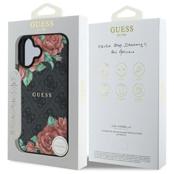 MagSafe-deksel for Apple iPhone 16, Guess, 4G Flowers Print, Svart