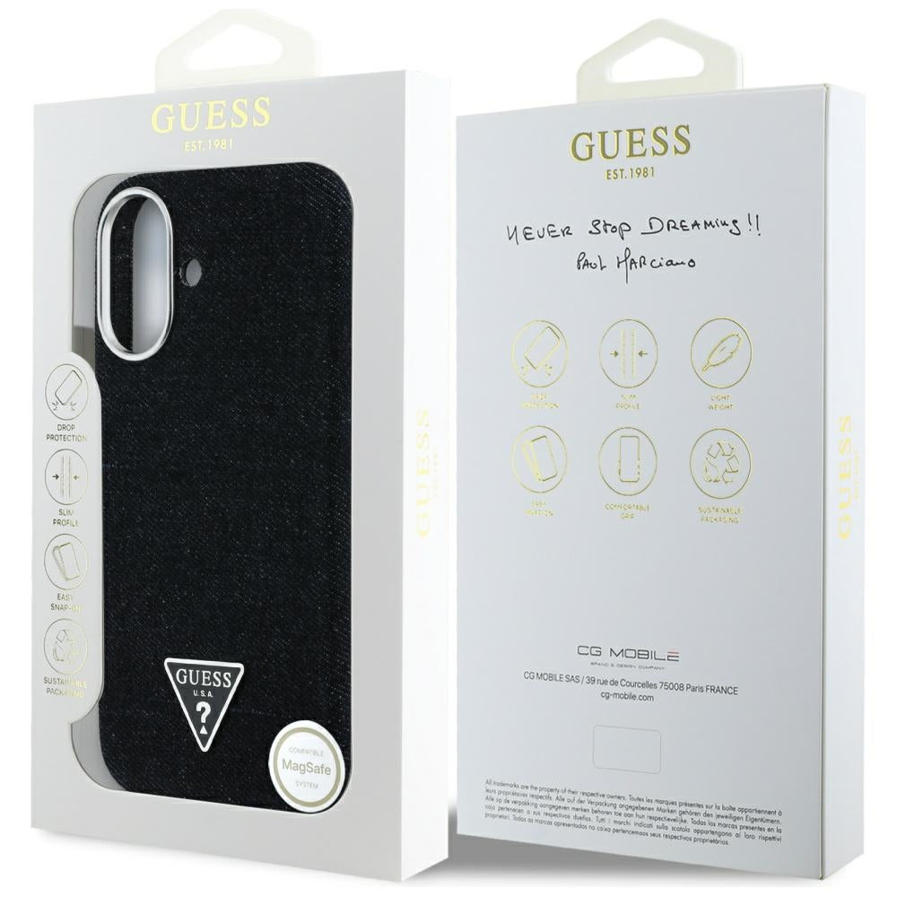 MagSafe-deksel for Apple iPhone 16, Guess, Denim Triangle Logo, Svart