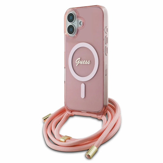 MagSafe-deksel for Apple iPhone 16, Guess, IML Crossbody Cord Script, Rosa