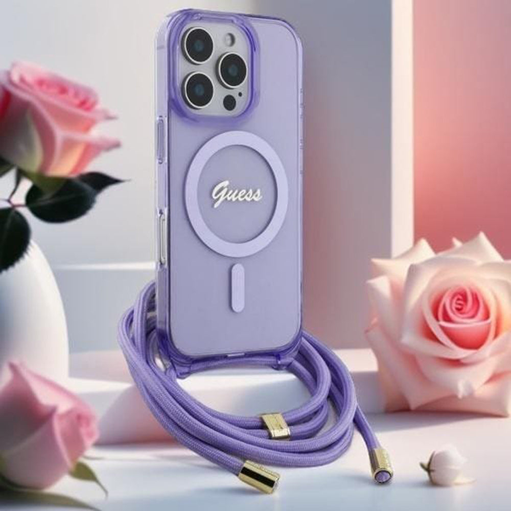 MagSafe-deksel for Apple iPhone 16, Guess, IML Crossbody Cord Script, Rosa