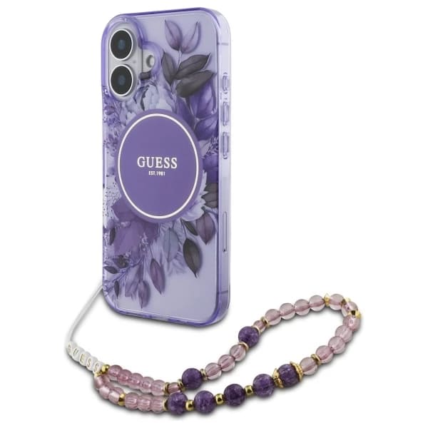 MagSafe-deksel for Apple iPhone 16, Guess, IML Flowers with Pearl Strap, Lilla