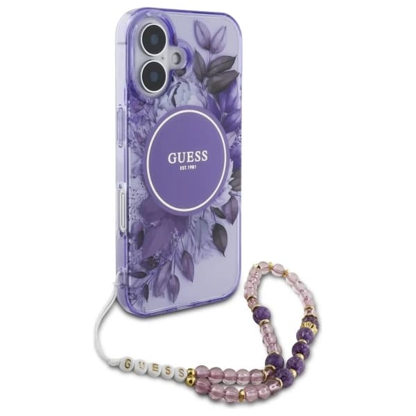 MagSafe-deksel for Apple iPhone 16, Guess, IML Flowers with Pearl Strap, Lilla