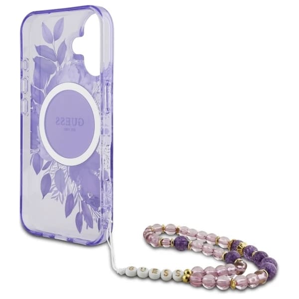 MagSafe-deksel for Apple iPhone 16, Guess, IML Flowers with Pearl Strap, Lilla