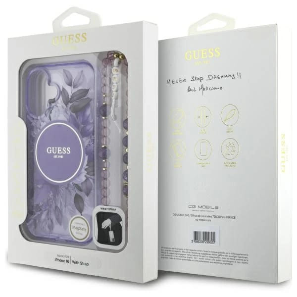 MagSafe-deksel for Apple iPhone 16, Guess, IML Flowers with Pearl Strap, Lilla