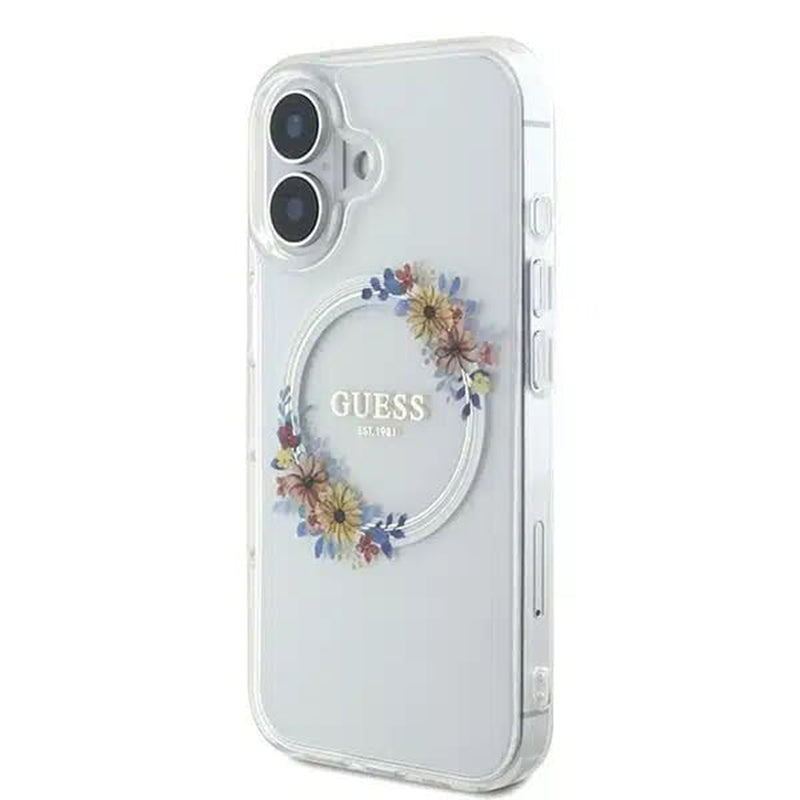 MagSafe-deksel for Apple iPhone 16, Guess, IML Flowers Wreath, Gjennomsiktig